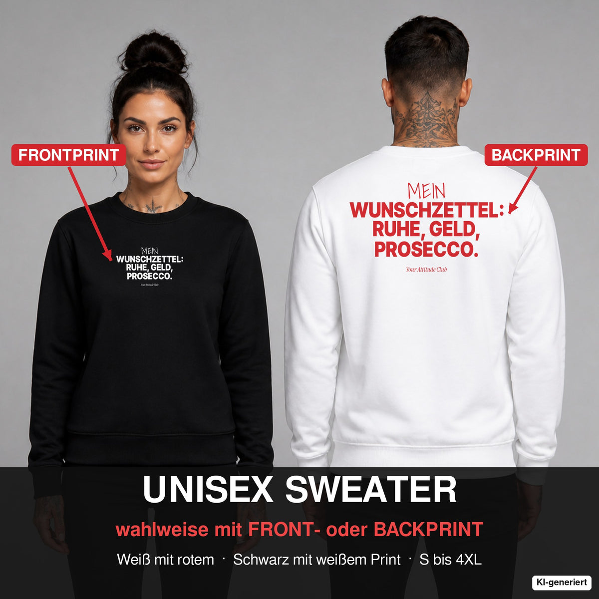 Mein Wunschzettel: Ruhe, Geld, Prosecco – Weihnachtspullover wahlweise mit Frontprint oder Backprint – Frau vorne in Schwarz, Mann hinten in Weiß