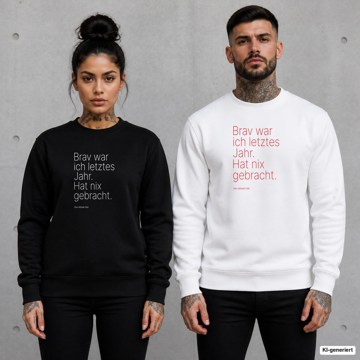 Brav war ich letztes Jahr. Hat nix gebracht – Weihnachtspullover mit Frontprint, Frau in Schwarz und Mann in Weiß vor Betonwand