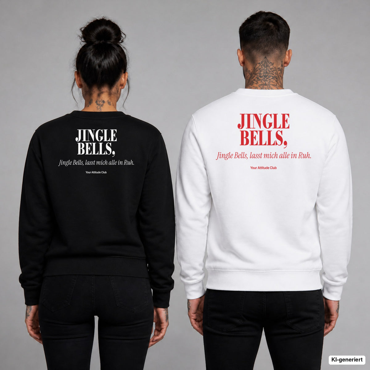 Jingle Bells, Jingle Bells, lasst mich alle in Ruh – Weihnachtspullover mit Backprint, Frau in Schwarz und Mann in Weiß