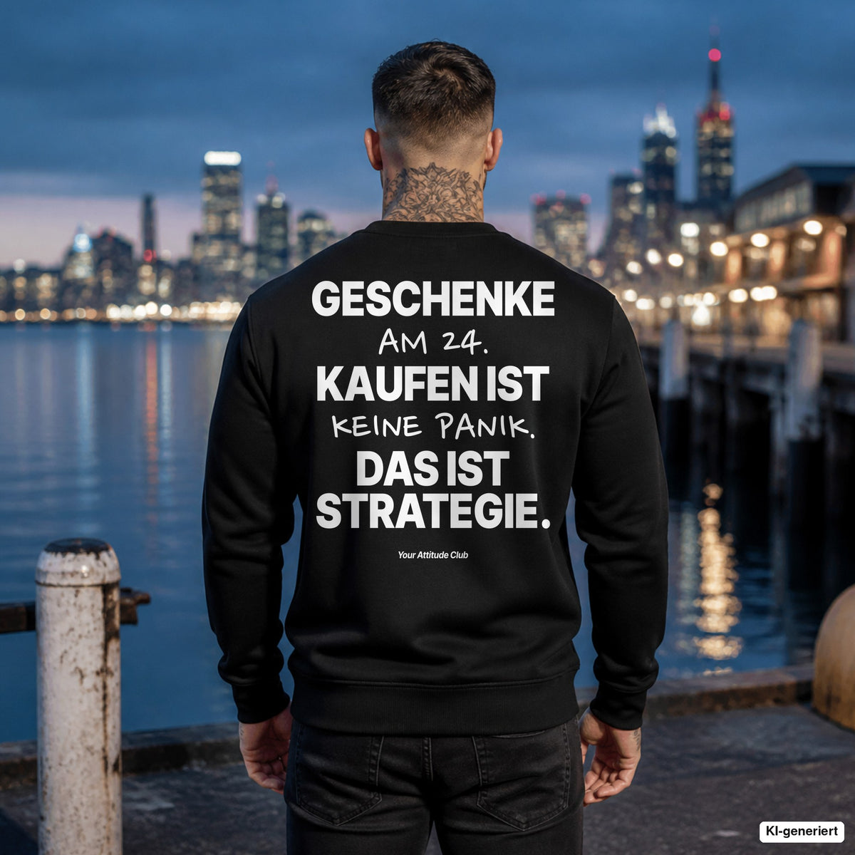 Geschenke am 24. kaufen ist keine Panik. Das ist Strategie – schwarzer Weihnachtspullover mit weißem Backprint, Herren am Hafen
