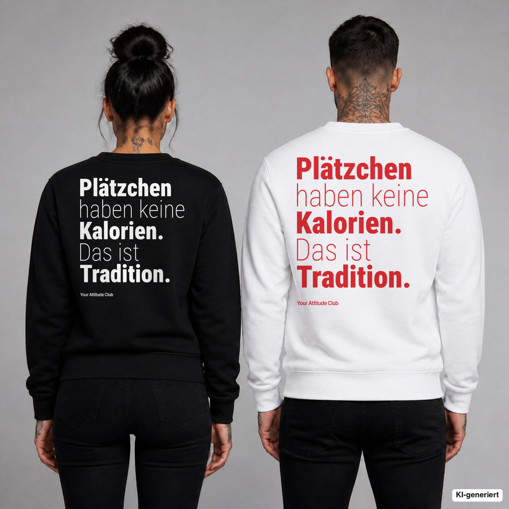 Plätzchen haben keine Kalorien. Das ist Tradition – Weihnachtspullover mit Backprint, Frau in Schwarz und Mann in Weiß