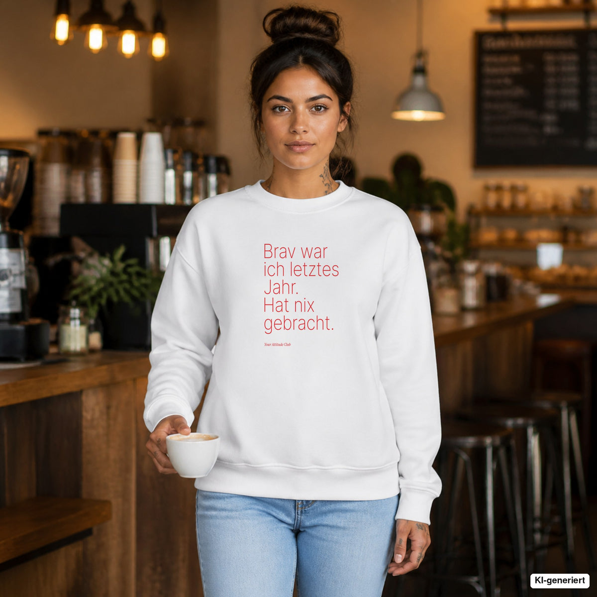 Brav war ich letztes Jahr. Hat nix gebracht – weißer Weihnachtspullover mit rotem Frontprint, Damen im Café