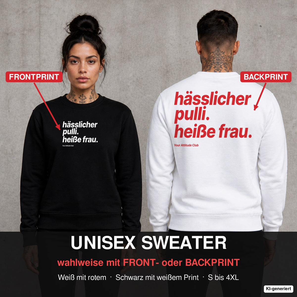 Hässlicher Pulli. Heiße Frau – Weihnachtspullover wahlweise mit Front- oder Backprint, Paar vor Betonwand