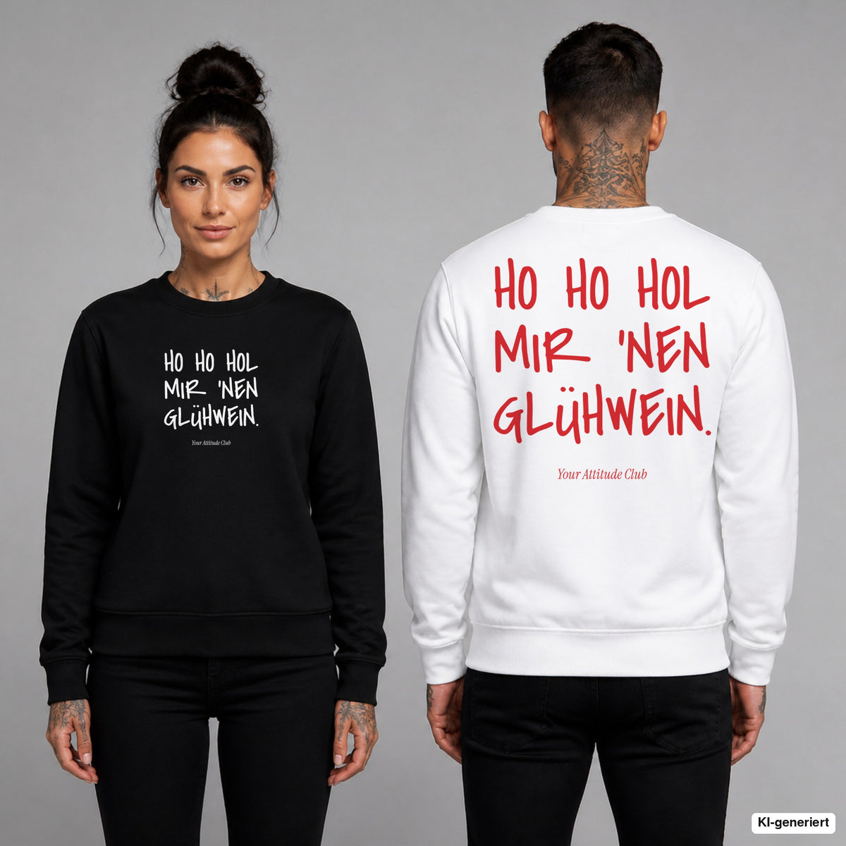Ho Ho Hol mir ’nen Glühwein – Weihnachtspullover unisex mit Frontprint (Frau, Schwarz) und Backprint (Mann, Weiß)