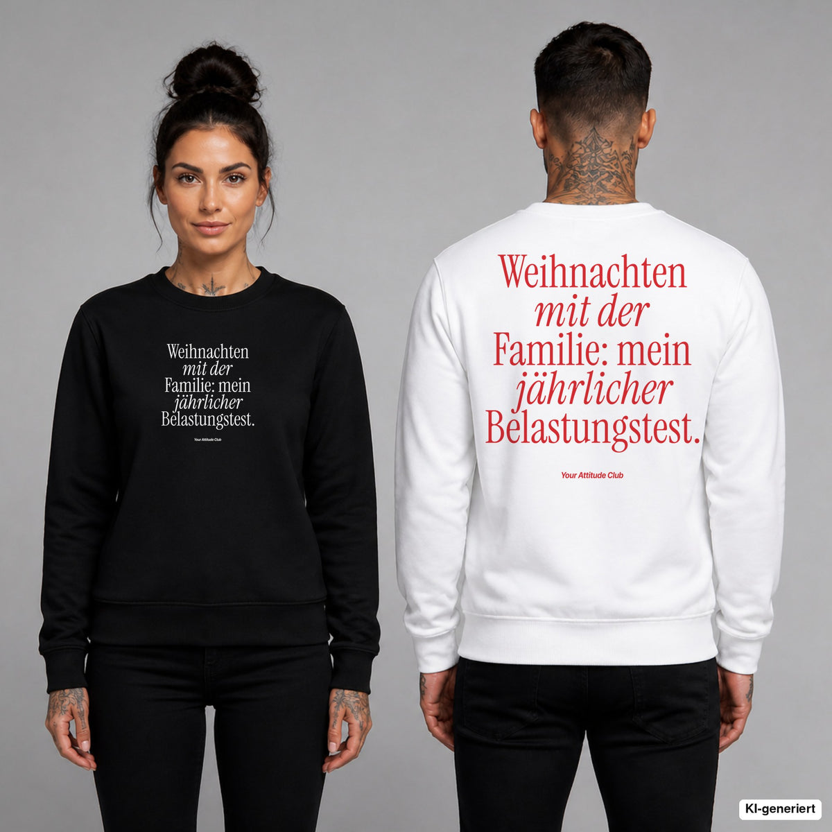 Weihnachten mit der Familie: mein jährlicher Belastungstest – Weihnachtspullover unisex mit Frontprint (Frau, Schwarz) und Backprint (Mann, Weiß)