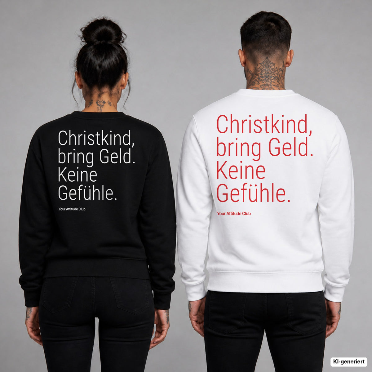 Christkind, bring Geld. Keine Gefühle – Weihnachtspullover mit Backprint, Frau in Schwarz und Mann in Weiß