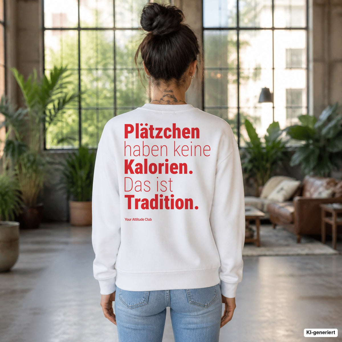 Plätzchen haben keine Kalorien. Das ist Tradition – weißer Weihnachtspullover mit rotem Backprint, Damen im Loft