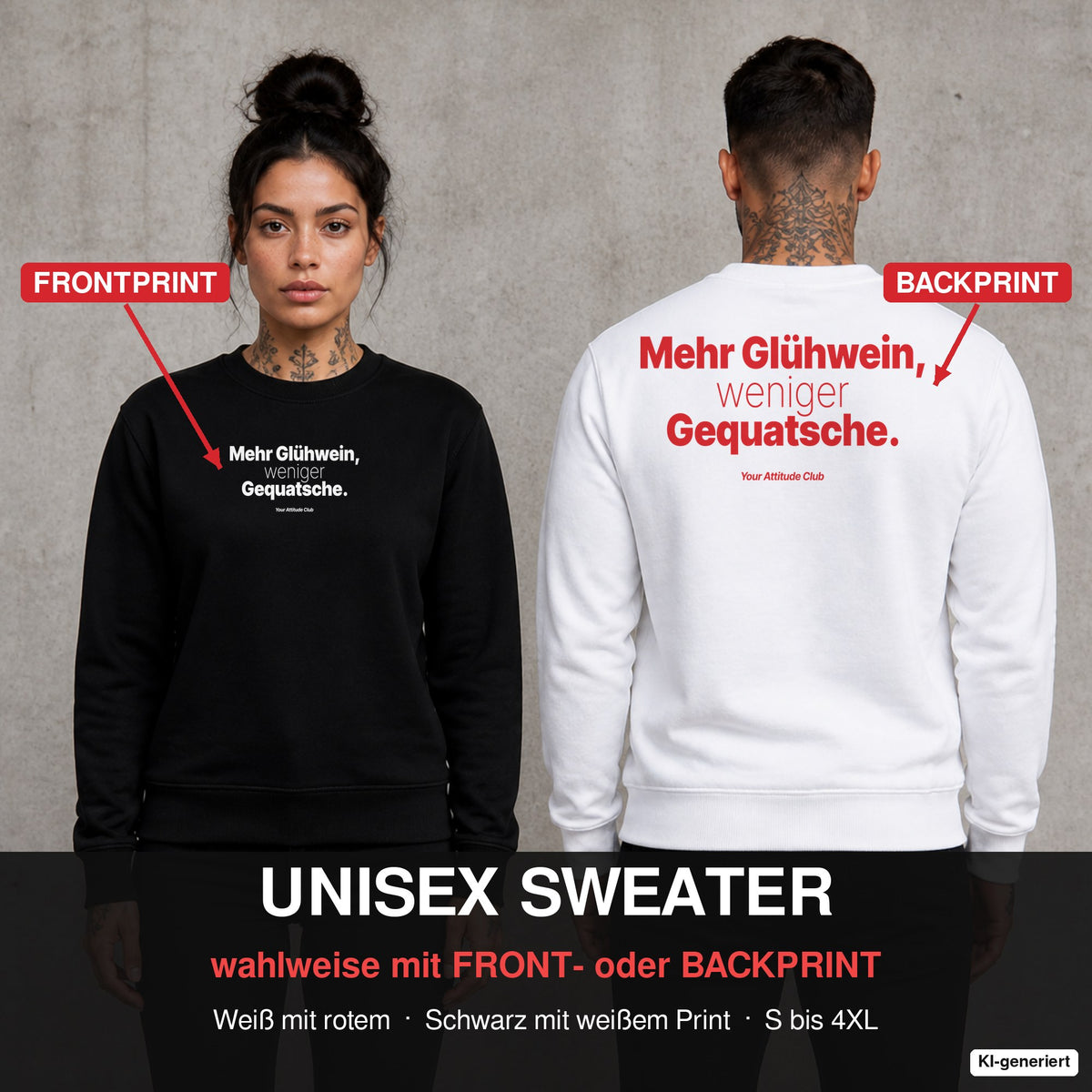 Mehr Glühwein, weniger Gequatsche – Weihnachtspullover wahlweise mit Front- oder Backprint, Paar vor Betonwand