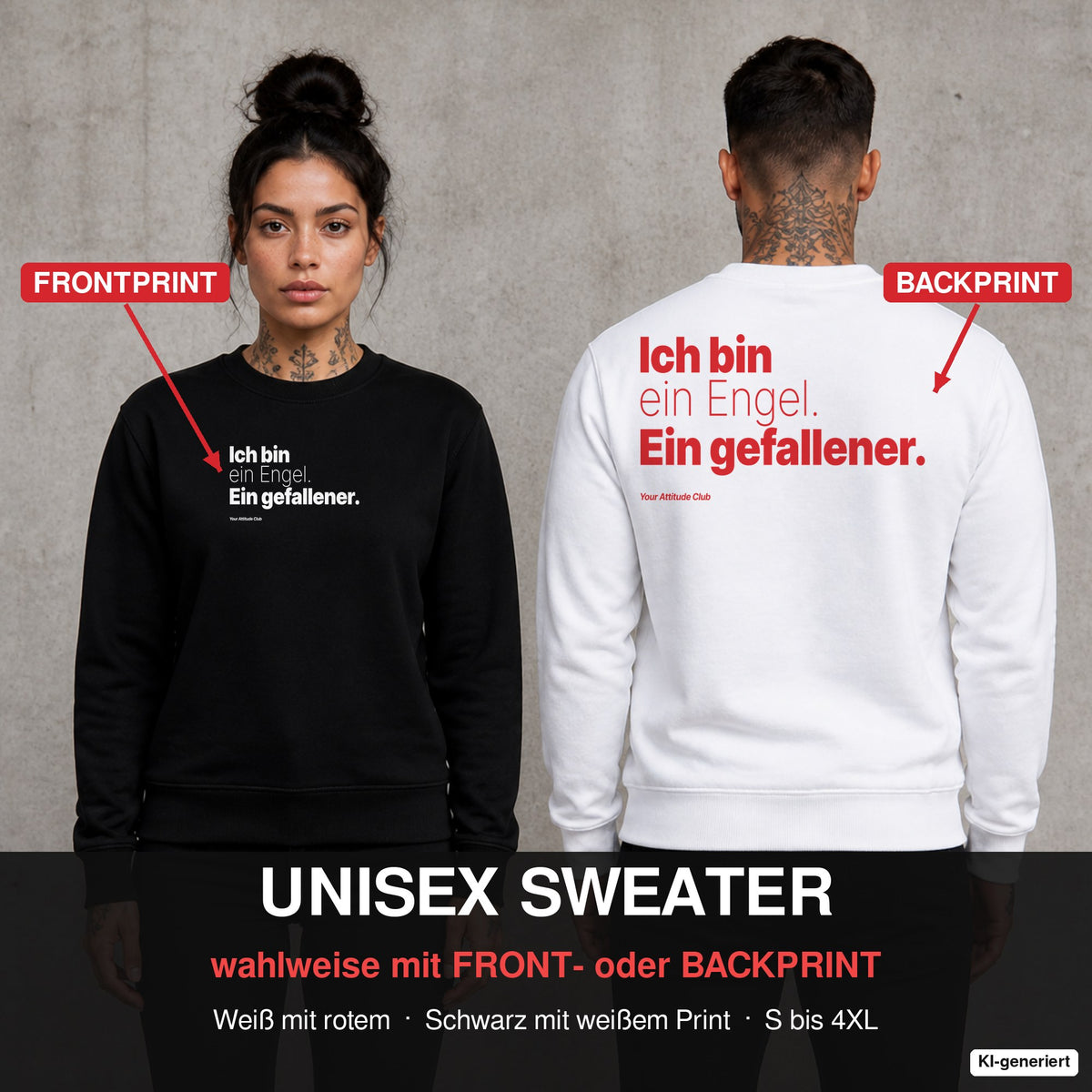 Ich bin ein Engel. Ein gefallener – Weihnachtspullover wahlweise mit Front- oder Backprint, Paar vor Betonwand