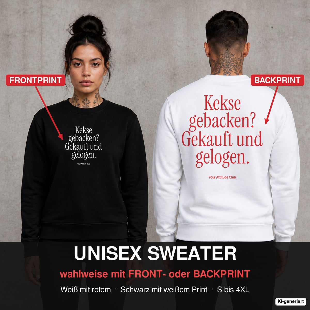 Kekse gebacken? Gekauft und gelogen – Weihnachtspullover wahlweise mit Front- oder Backprint, Paar vor Betonwand