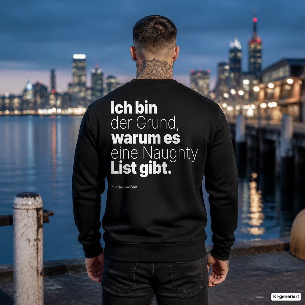 Ich bin der Grund, warum es eine Naughty List gibt – schwarzer Weihnachtspullover mit weißem Backprint, Herren am Hafen