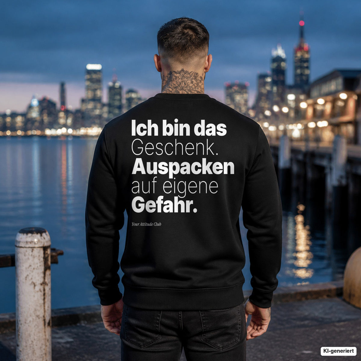 Ich bin das Geschenk. Auspacken auf eigene Gefahr – schwarzer Weihnachtspullover mit weißem Backprint, Herren am Hafen