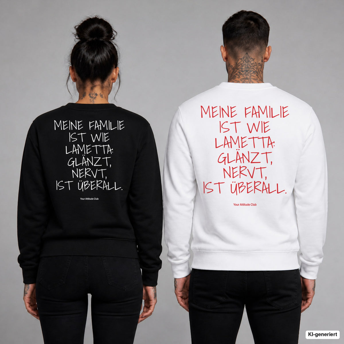 Meine Familie ist wie Lametta: glänzt, nervt, ist überall – Weihnachtspullover mit Backprint, Frau in Schwarz und Mann in Weiß