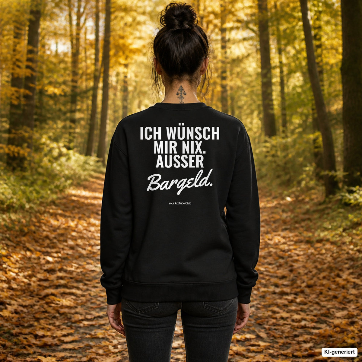 Ich wünsch mir nix. Außer Bargeld – schwarzer Weihnachtspullover mit weißem Backprint, Damen beim Herbstspaziergang