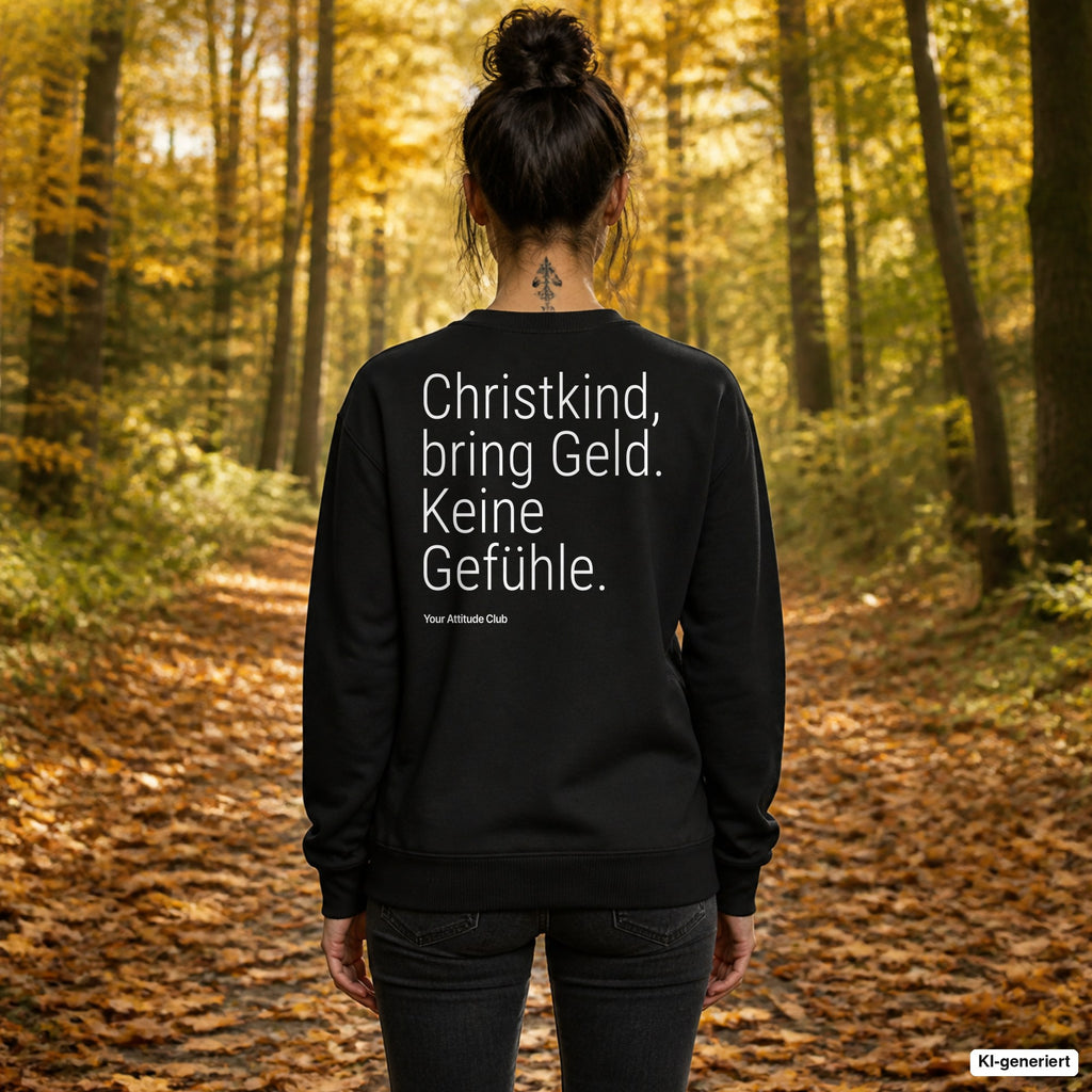 Christkind, bring Geld. Keine Gefühle – schwarzer Weihnachtspullover mit weißem Backprint, Damen beim Herbstspaziergang