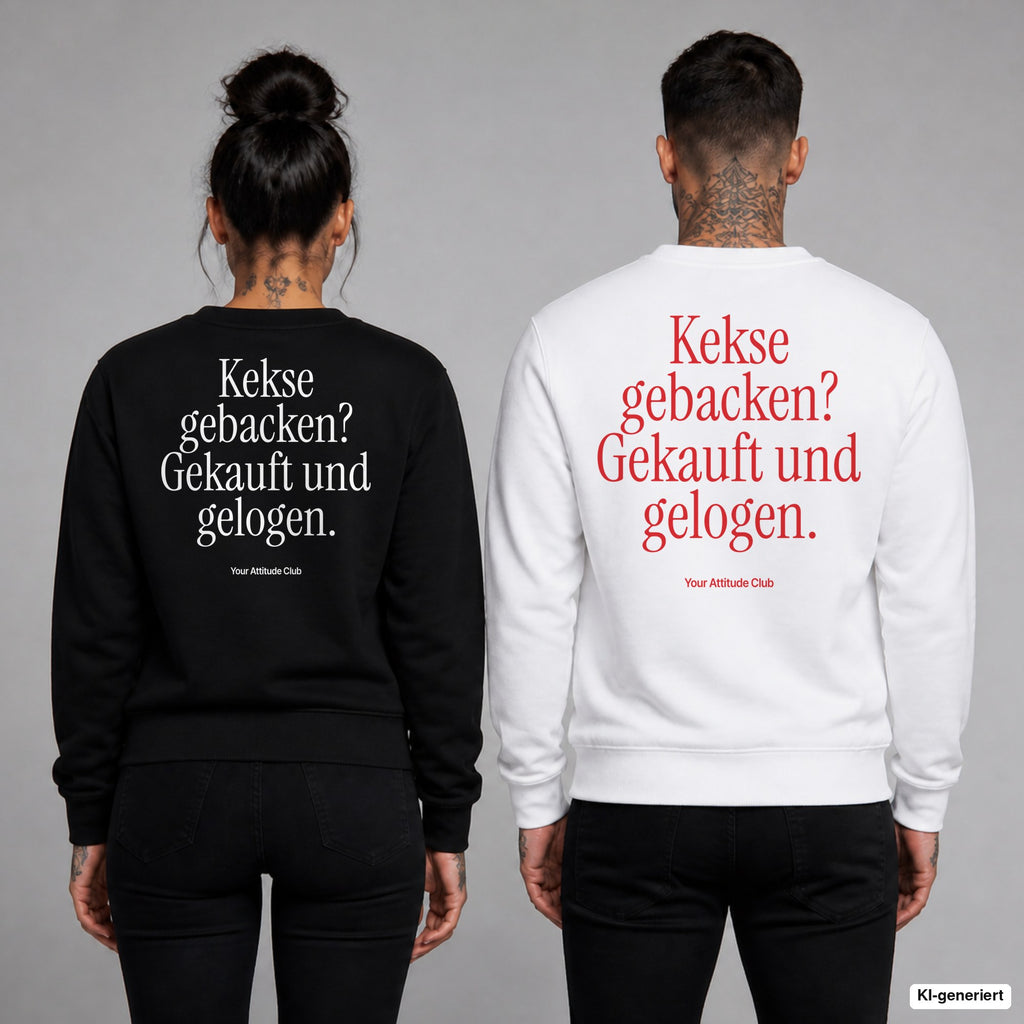 Kekse gebacken? Gekauft und gelogen – Weihnachtspullover mit Backprint, Frau in Schwarz und Mann in Weiß