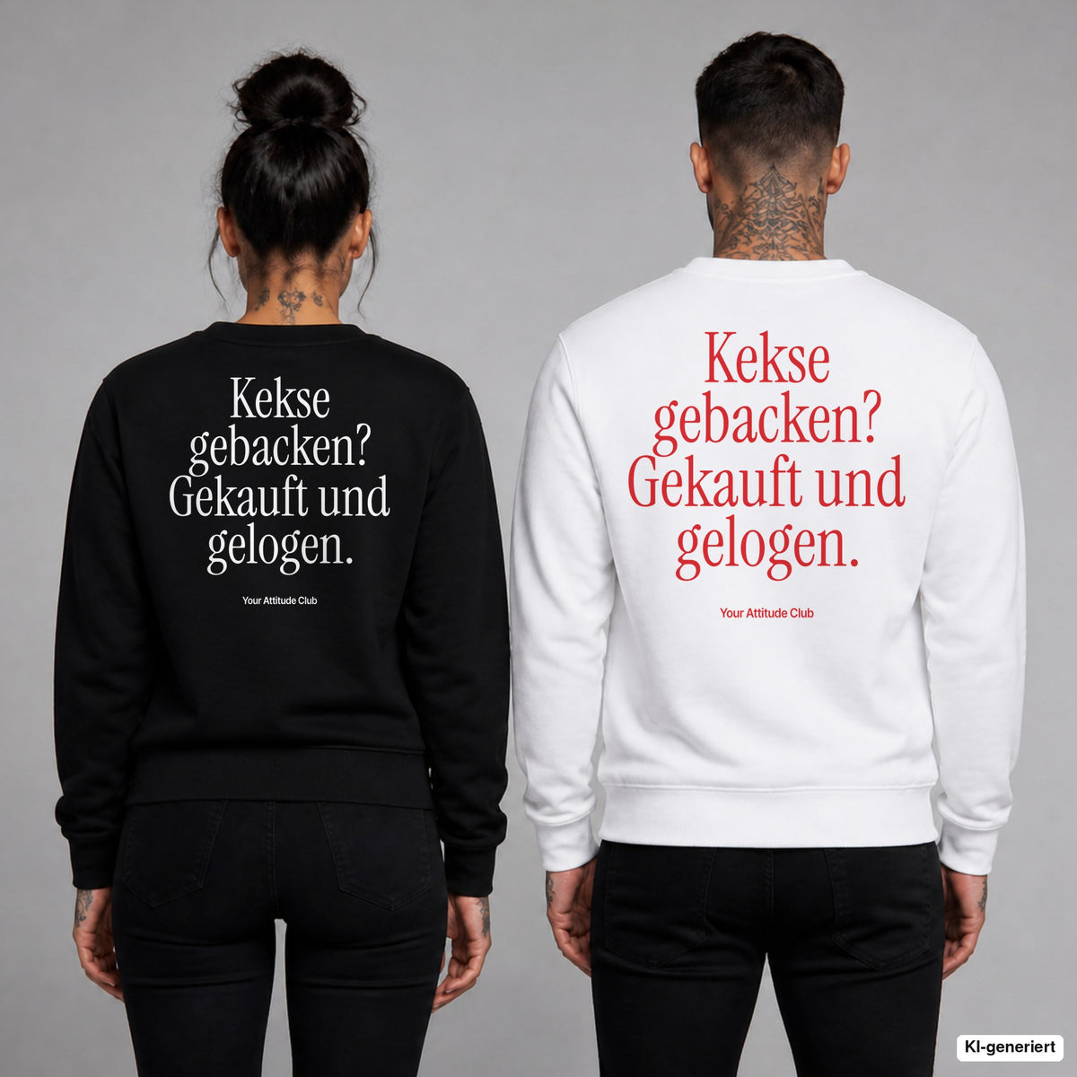 Kekse gebacken? Gekauft und gelogen – Weihnachtspullover mit Backprint, Frau in Schwarz und Mann in Weiß