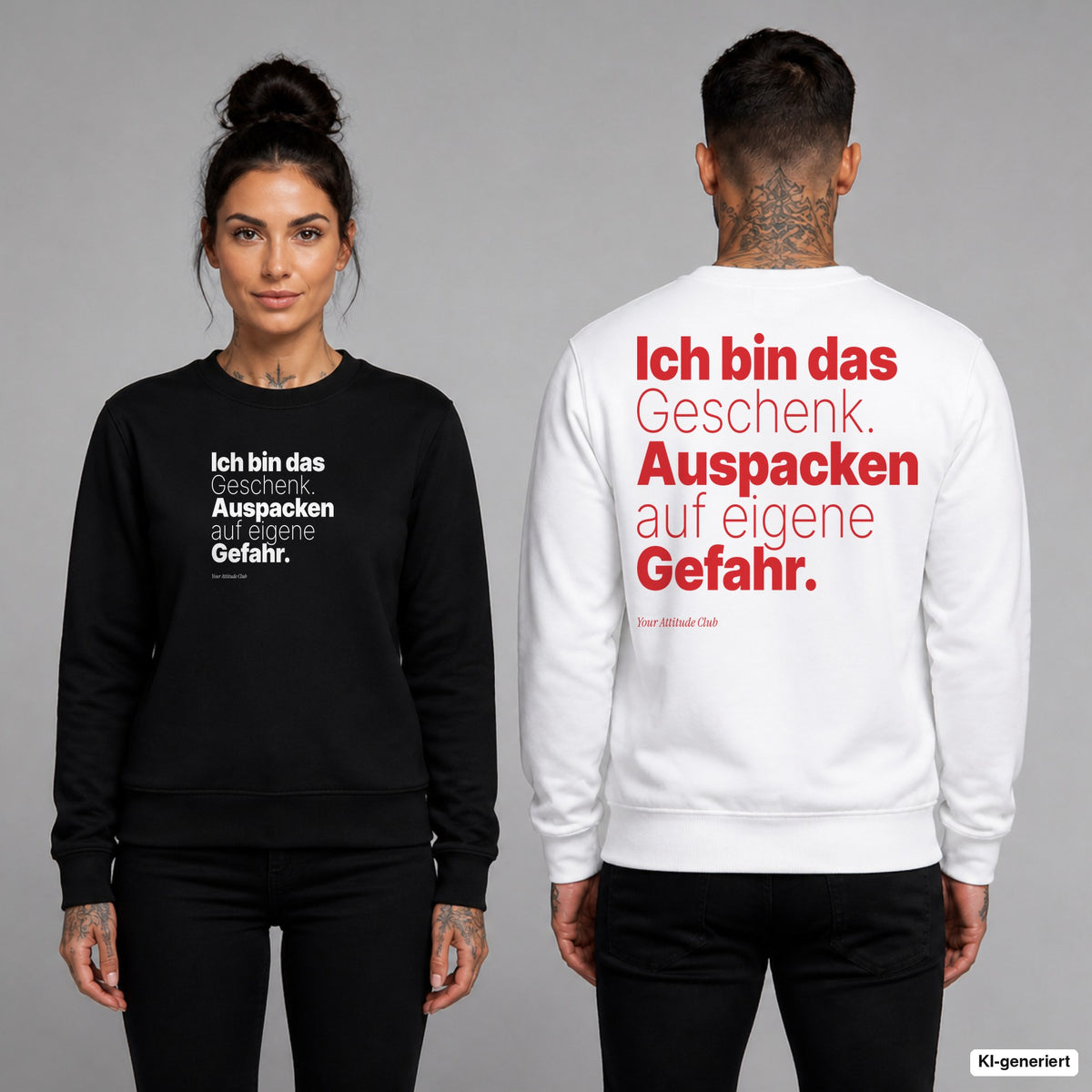 Ich bin das Geschenk. Auspacken auf eigene Gefahr – Weihnachtspullover unisex mit Frontprint (Frau, Schwarz) und Backprint (Mann, Weiß)