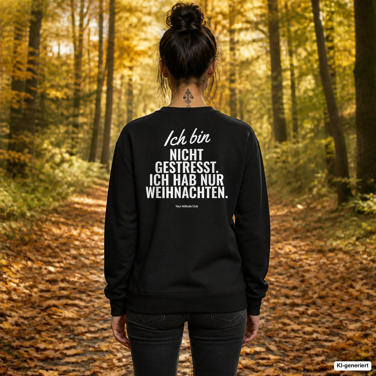 Ich bin nicht gestresst. Ich hab nur Weihnachten – schwarzer Weihnachtspullover mit weißem Backprint, Damen beim Herbstspaziergang
