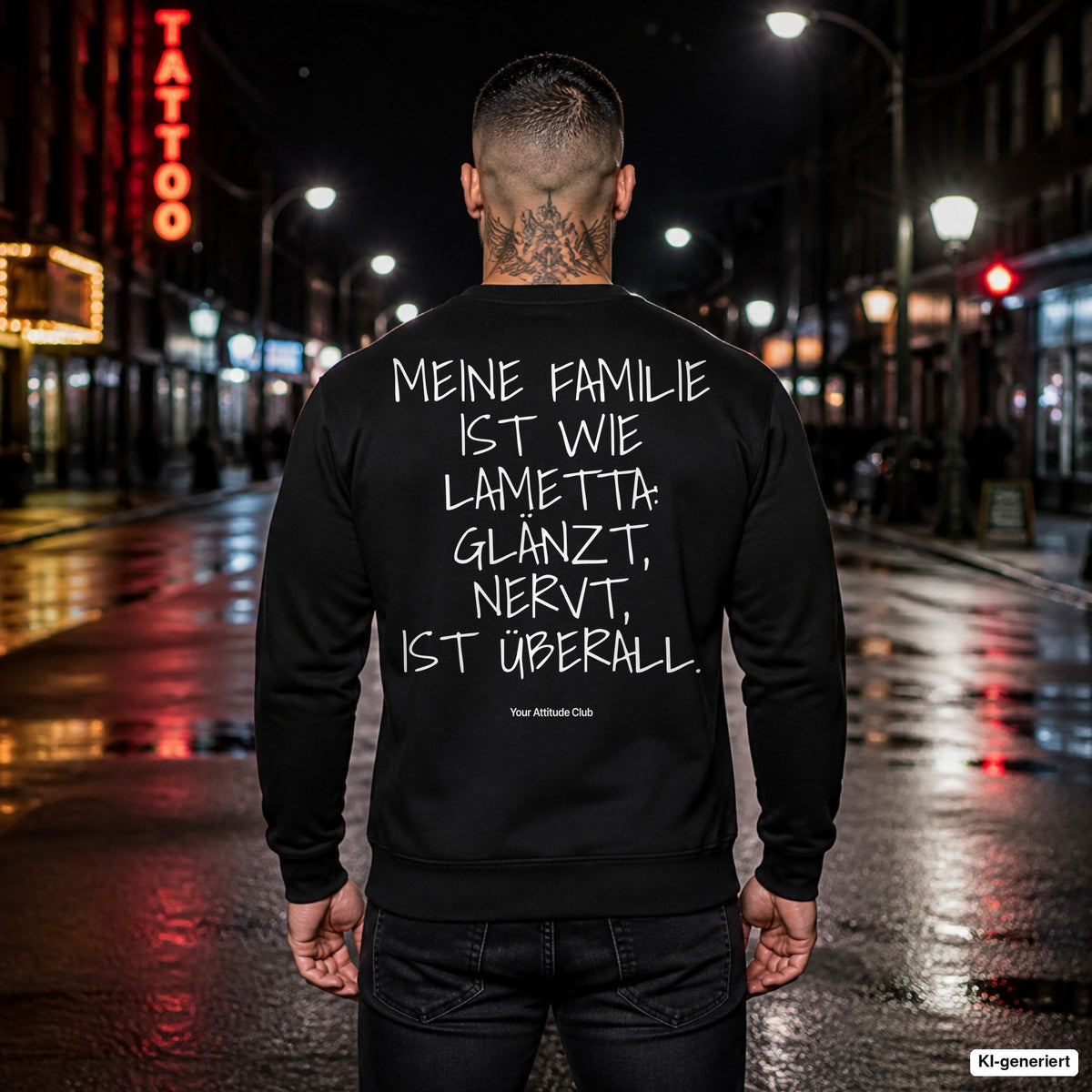 Meine Familie ist wie Lametta: glänzt, nervt, ist überall – schwarzer Weihnachtspullover mit weißem Backprint, Herren in der Stadt bei Nacht