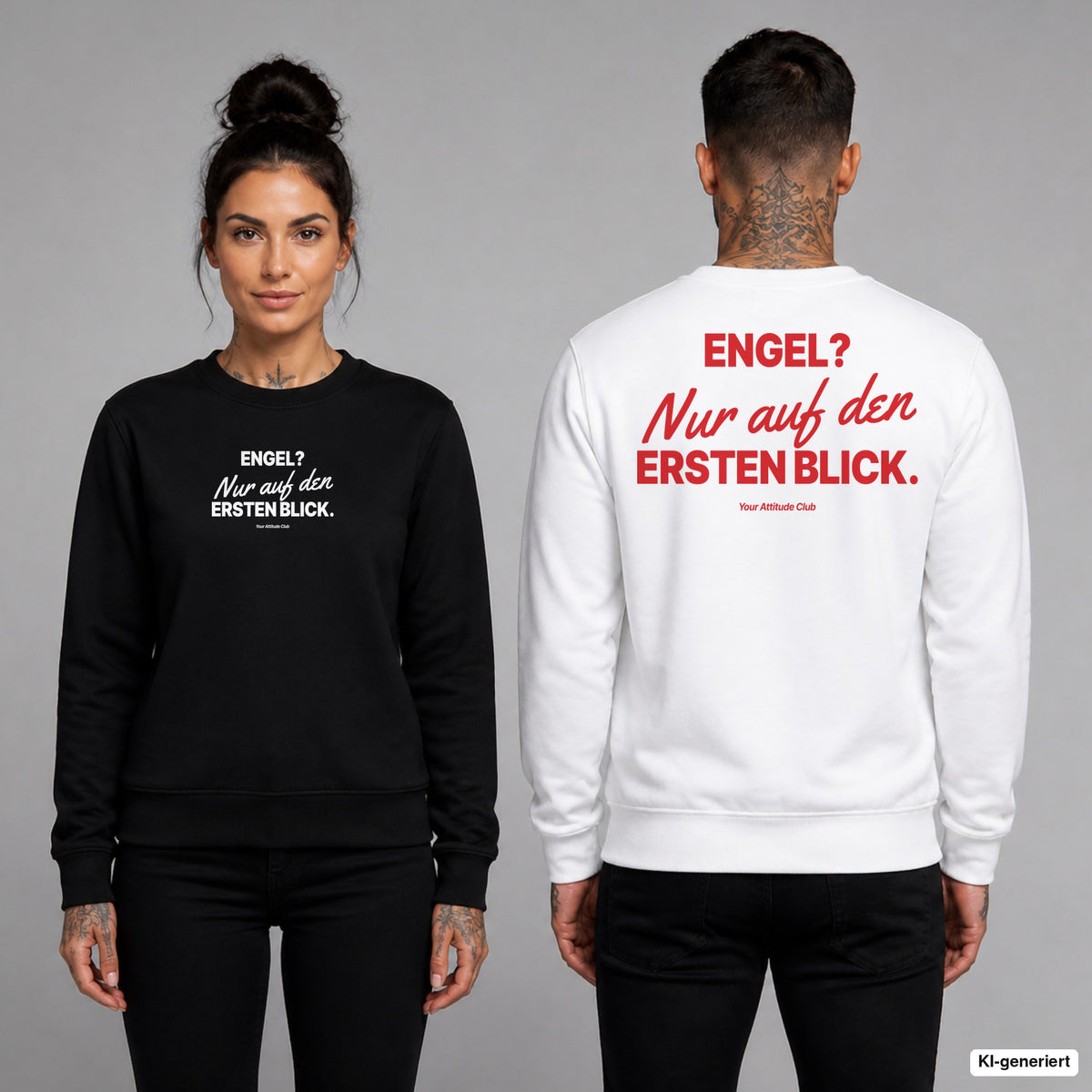 Engel? Nur auf den ersten Blick – Weihnachtspullover unisex mit Frontprint (Frau, Schwarz) und Backprint (Mann, Weiß)