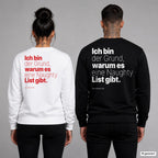 Ich bin der Grund, warum es eine Naughty List gibt – Weihnachtspullover mit Backprint, Frau in Weiß mit rotem und Mann in Schwarz mit weißem Aufdruck