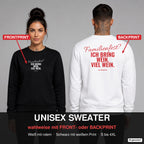 Familienfest? Ich bring Wein. Viel Wein – Weihnachtspullover wahlweise mit Frontprint oder Backprint – Frau vorne in Schwarz, Mann hinten in Weiß