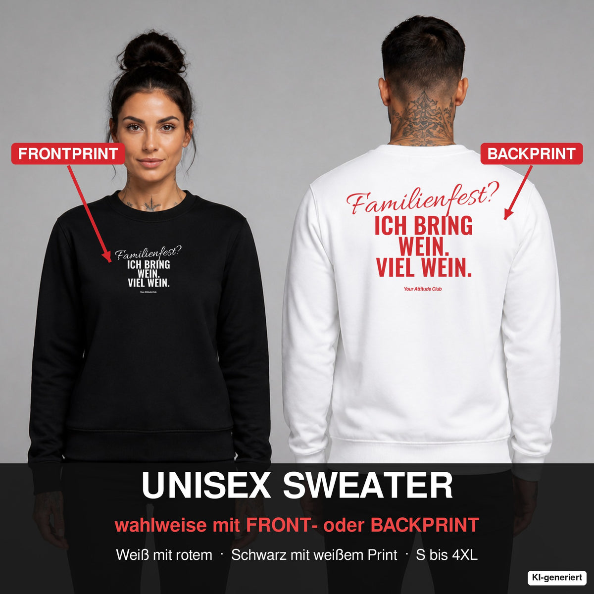 Familienfest? Ich bring Wein. Viel Wein – Weihnachtspullover wahlweise mit Frontprint oder Backprint – Frau vorne in Schwarz, Mann hinten in Weiß