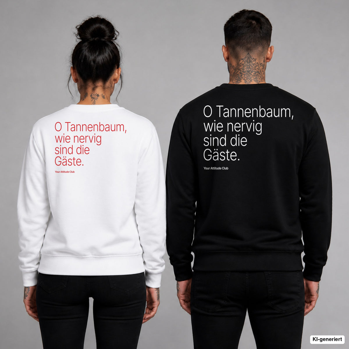 O Tannenbaum, wie nervig sind die Gäste – Weihnachtspullover mit Backprint, Frau in Weiß mit rotem und Mann in Schwarz mit weißem Aufdruck