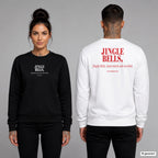Jingle Bells, Jingle Bells, lasst mich alle in Ruh – Weihnachtspullover unisex mit Frontprint (Frau, Schwarz) und Backprint (Mann, Weiß)