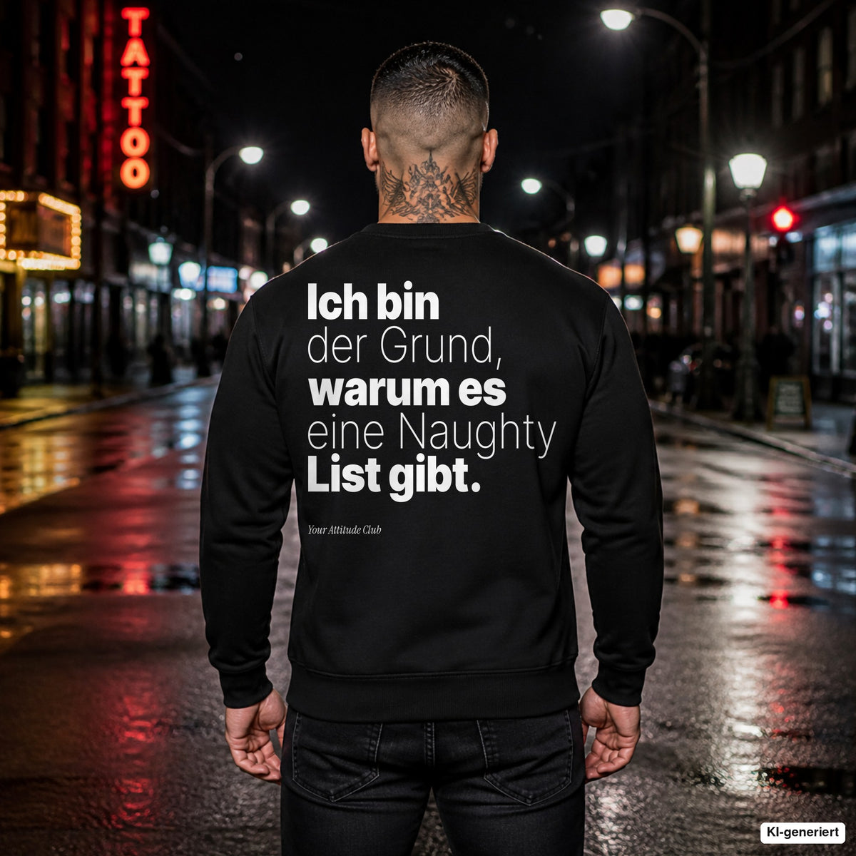 Ich bin der Grund, warum es eine Naughty List gibt – schwarzer Weihnachtspullover mit weißem Backprint, Herren in der Stadt bei Nacht
