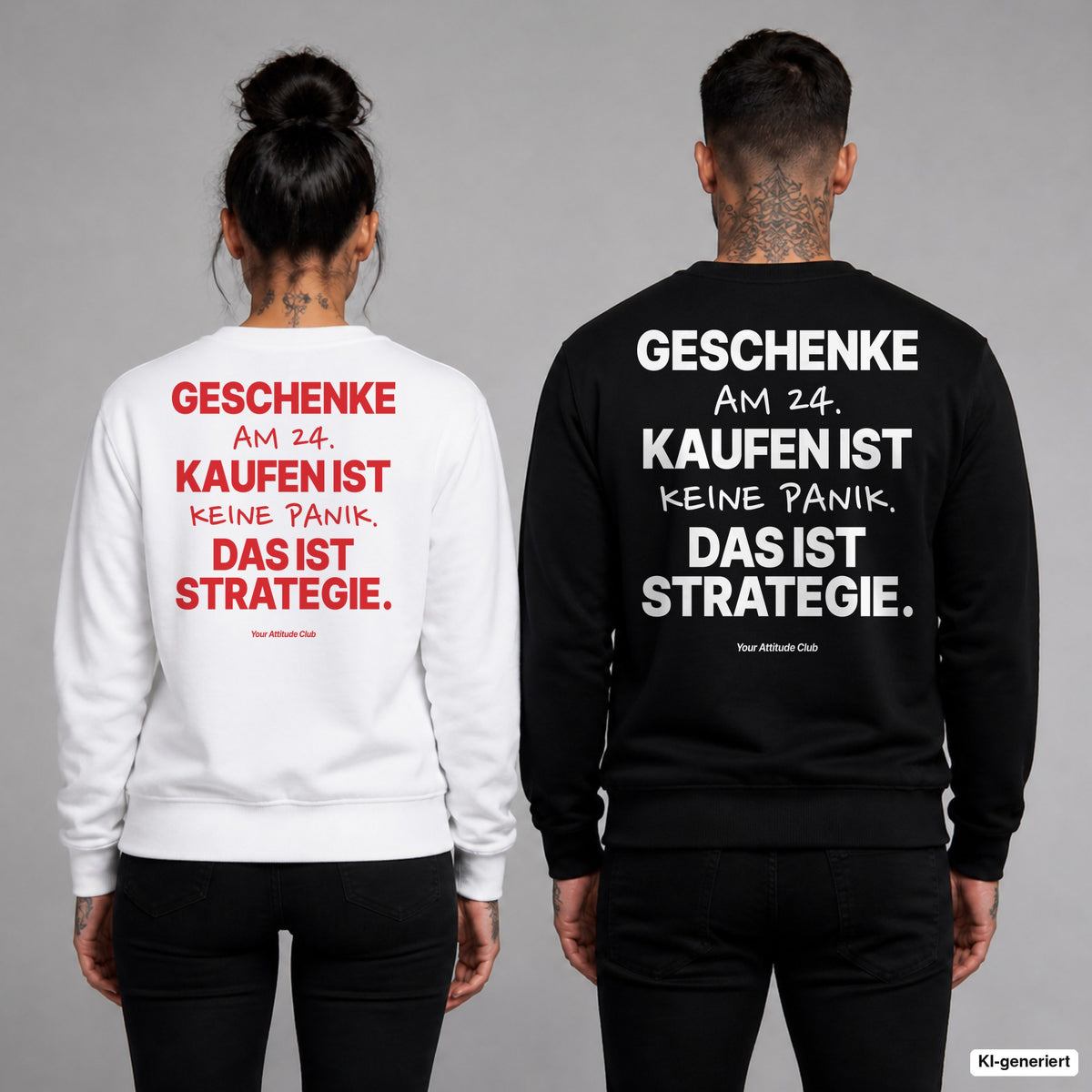 Geschenke am 24. kaufen ist keine Panik. Das ist Strategie – Weihnachtspullover mit Backprint, Frau in Weiß mit rotem und Mann in Schwarz mit weißem Aufdruck