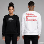 Fröhliche Weihnachten, ihr Arschgeigen – Weihnachtspullover unisex mit Frontprint (Frau, Schwarz) und Backprint (Mann, Weiß)