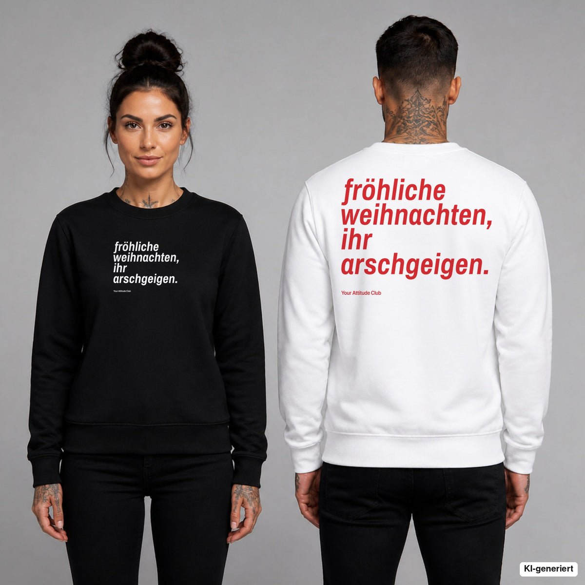 Fröhliche Weihnachten, ihr Arschgeigen – Weihnachtspullover unisex mit Frontprint (Frau, Schwarz) und Backprint (Mann, Weiß)