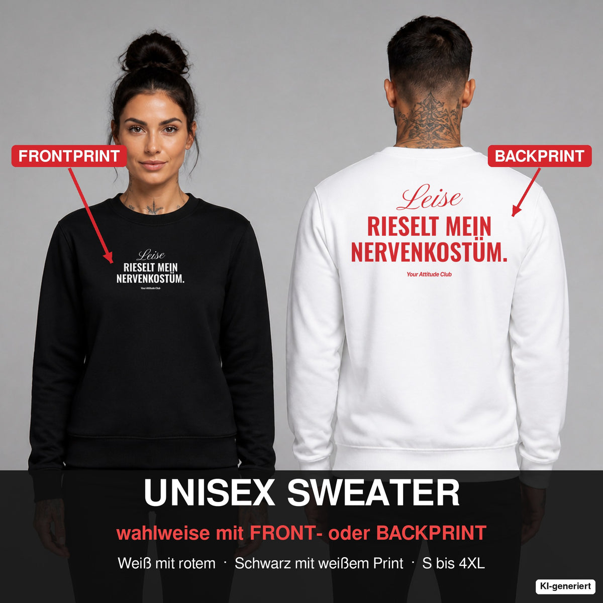 Leise rieselt mein Nervenkostüm – Weihnachtspullover wahlweise mit Frontprint oder Backprint – Frau vorne in Schwarz, Mann hinten in Weiß