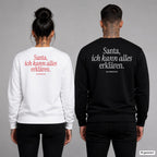 Santa, ich kann alles erklären – Weihnachtspullover mit Backprint, Frau in Weiß mit rotem und Mann in Schwarz mit weißem Aufdruck