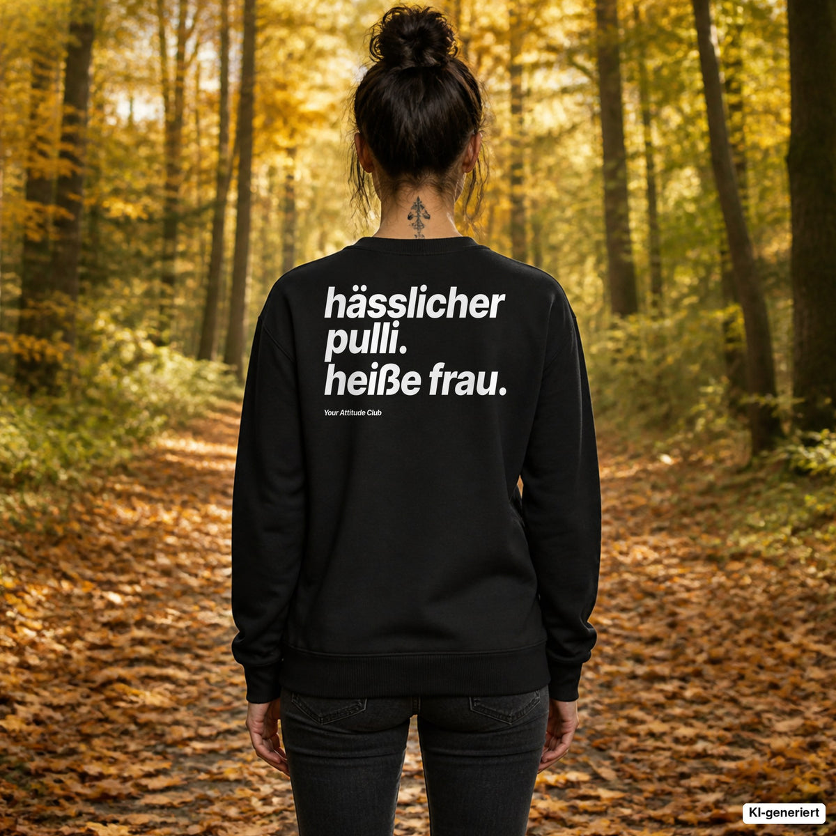 Hässlicher Pulli. Heiße Frau – schwarzer Weihnachtspullover mit weißem Backprint, Damen beim Herbstspaziergang