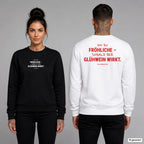 Oh du Fröhliche – sobald der Glühwein wirkt – Weihnachtspullover unisex mit Frontprint (Frau, Schwarz) und Backprint (Mann, Weiß)
