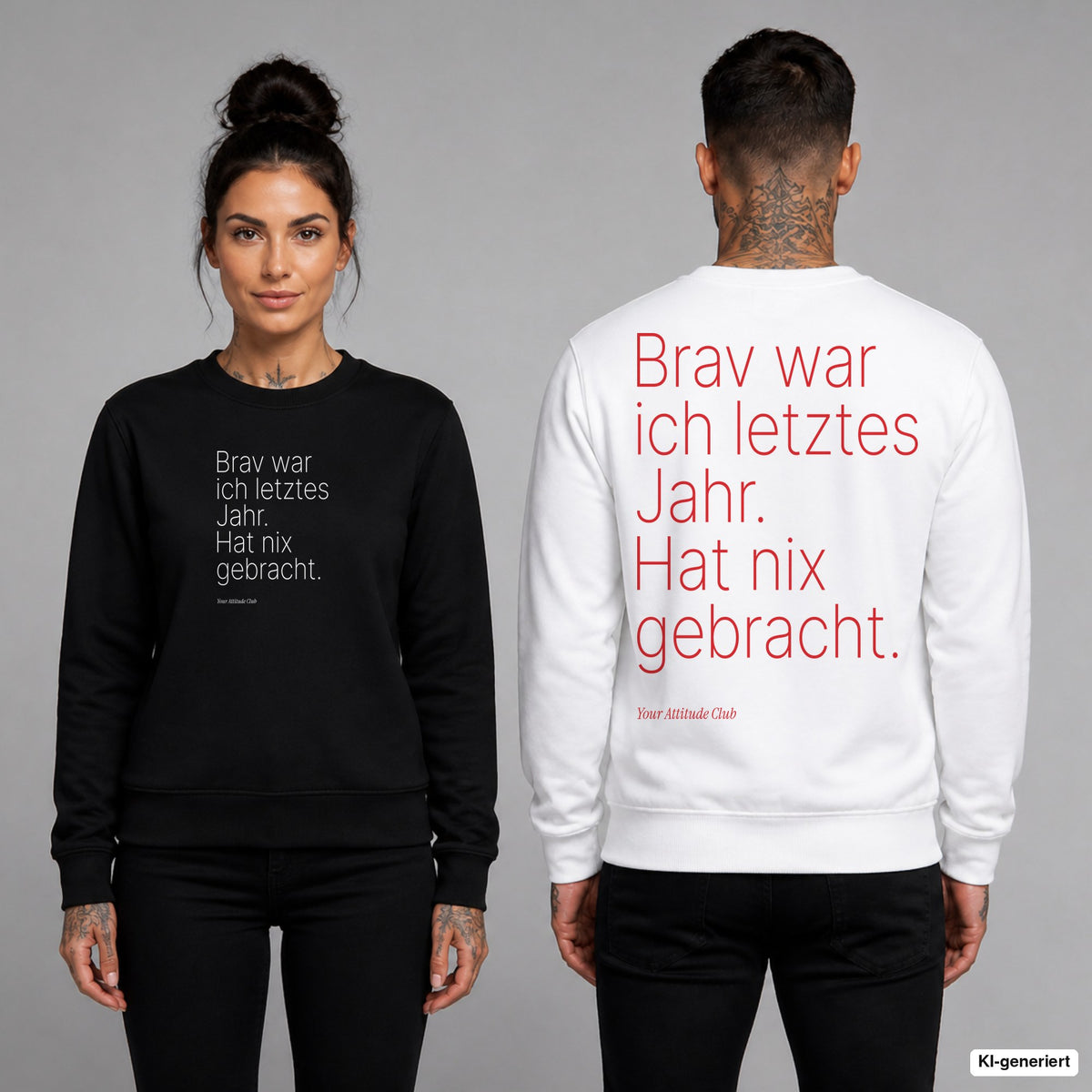 Brav war ich letztes Jahr. Hat nix gebracht – Weihnachtspullover unisex mit Frontprint (Frau, Schwarz) und Backprint (Mann, Weiß)