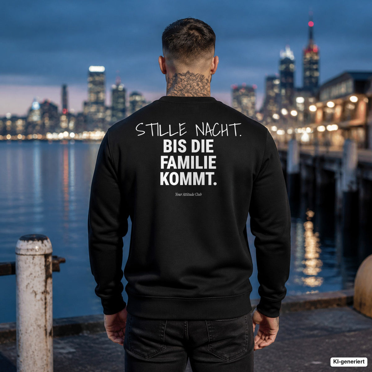 Stille Nacht. Bis die Familie kommt – schwarzer Weihnachtspullover mit weißem Backprint, Herren am Hafen