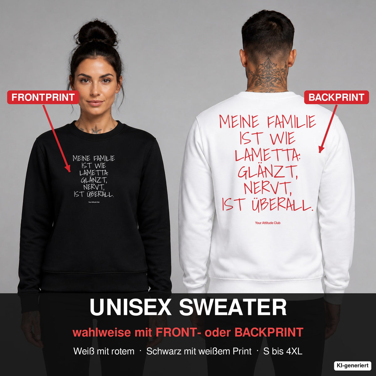 Meine Familie ist wie Lametta: glänzt, nervt, ist überall – Weihnachtspullover wahlweise mit Frontprint oder Backprint – Frau vorne in Schwarz, Mann hinten in Weiß