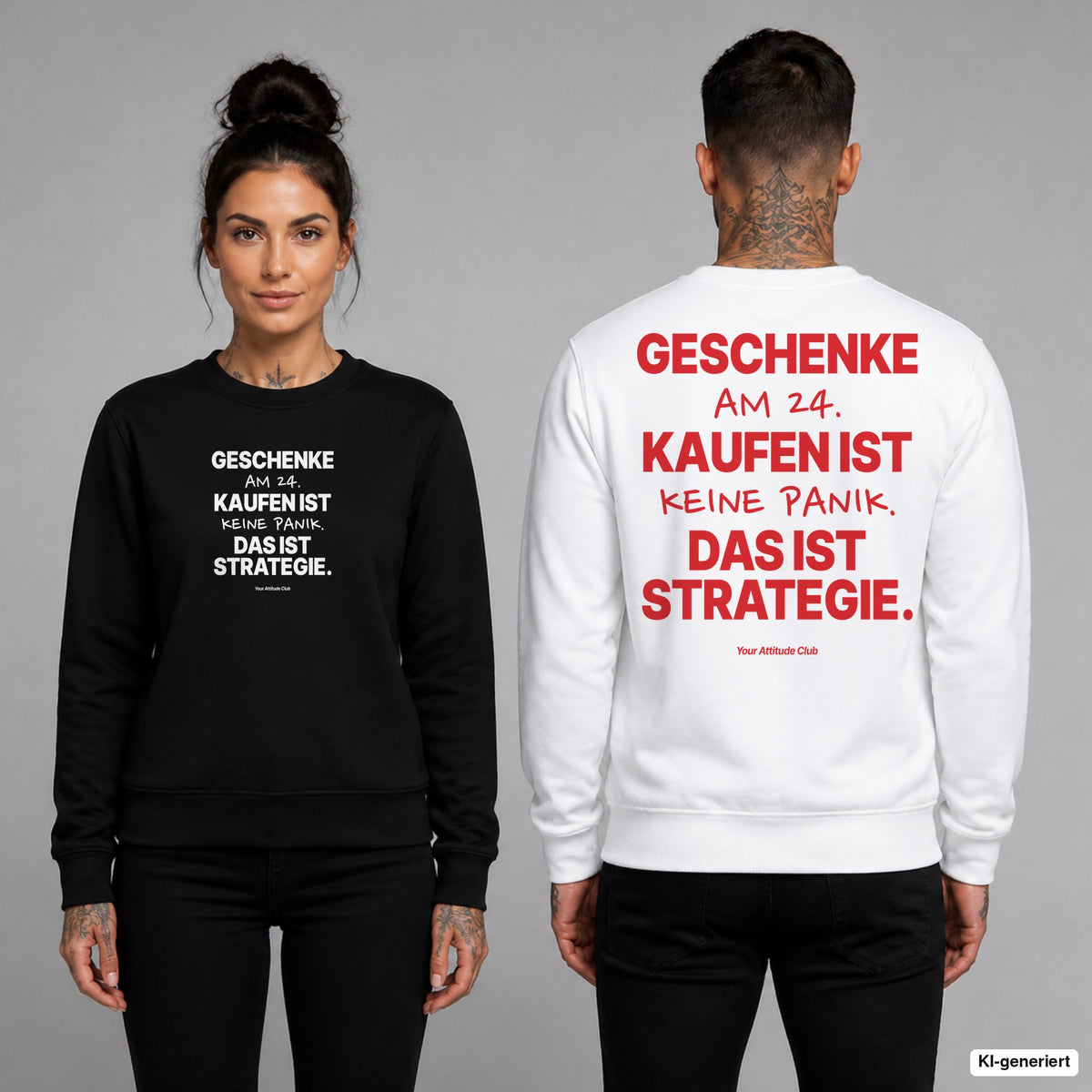 Geschenke am 24. kaufen ist keine Panik. Das ist Strategie – Weihnachtspullover unisex mit Frontprint (Frau, Schwarz) und Backprint (Mann, Weiß)