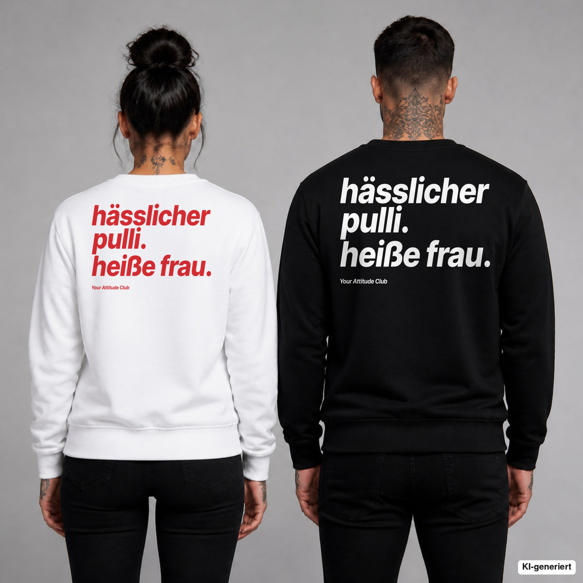 Hässlicher Pulli. Heiße Frau – Weihnachtspullover mit Backprint, Frau in Weiß mit rotem und Mann in Schwarz mit weißem Aufdruck