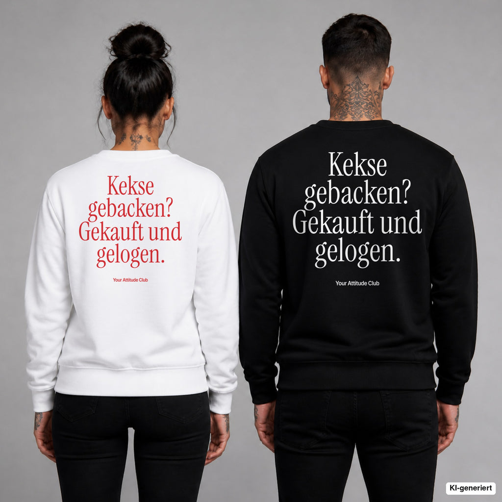 Kekse gebacken? Gekauft und gelogen – Weihnachtspullover mit Backprint, Frau in Weiß mit rotem und Mann in Schwarz mit weißem Aufdruck