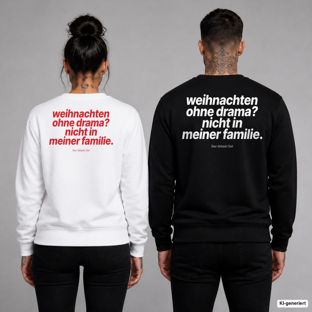 Weihnachten ohne Drama? Nicht in meiner Familie – Weihnachtspullover mit Backprint, Frau in Weiß mit rotem und Mann in Schwarz mit weißem Aufdruck