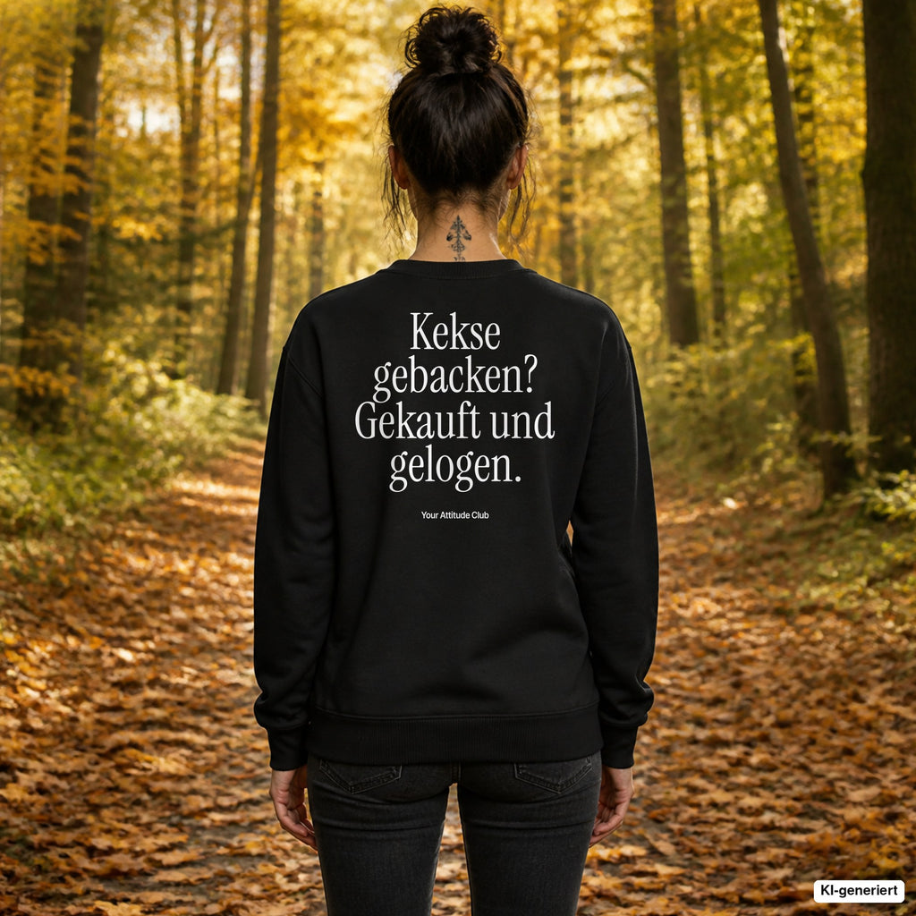 Kekse gebacken? Gekauft und gelogen – schwarzer Weihnachtspullover mit weißem Backprint, Damen beim Herbstspaziergang