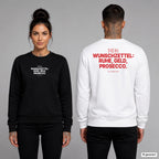 Mein Wunschzettel: Ruhe, Geld, Prosecco – Weihnachtspullover unisex mit Frontprint (Frau, Schwarz) und Backprint (Mann, Weiß)