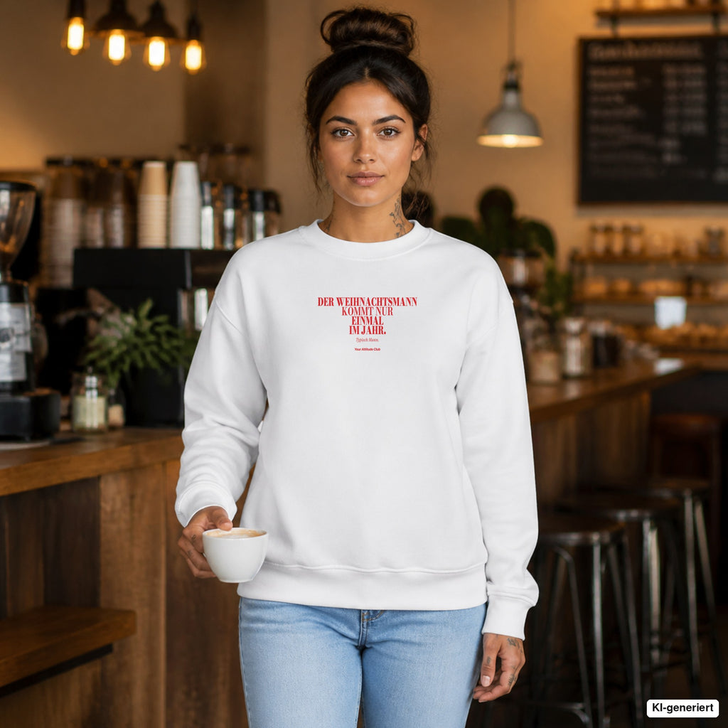 Der Weihnachtsmann kommt nur einmal im Jahr. Typisch Mann – weißer Weihnachtspullover mit rotem Frontprint, Damen im Café