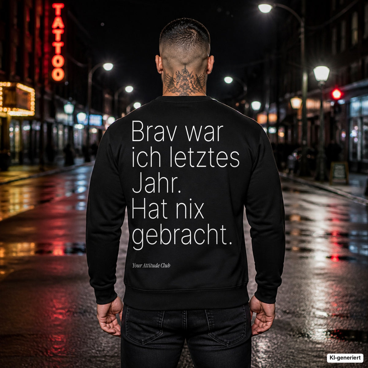 Brav war ich letztes Jahr. Hat nix gebracht – schwarzer Weihnachtspullover mit weißem Backprint, Herren in der Stadt bei Nacht