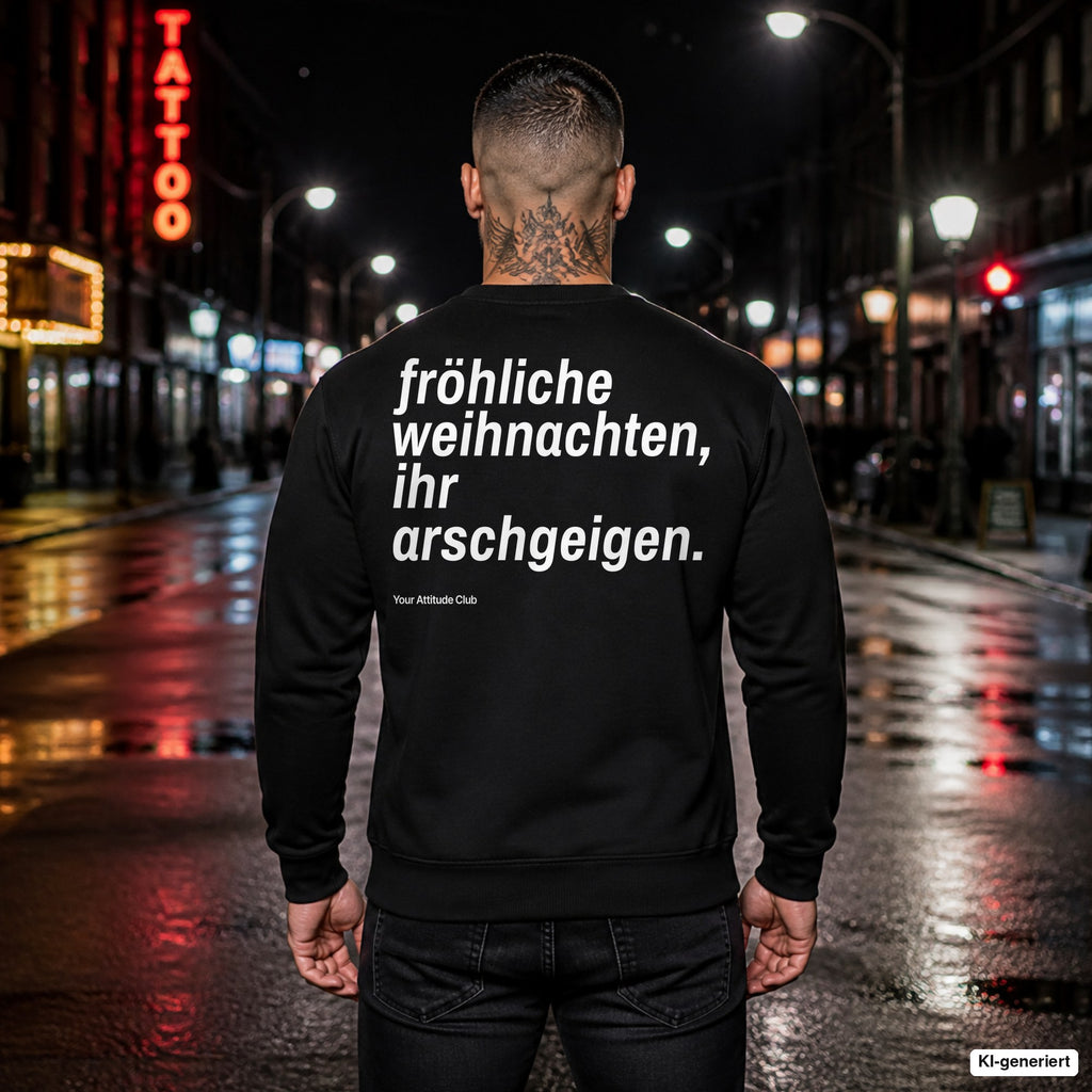 Fröhliche Weihnachten, ihr Arschgeigen – schwarzer Weihnachtspullover mit weißem Backprint, Herren in der Stadt bei Nacht